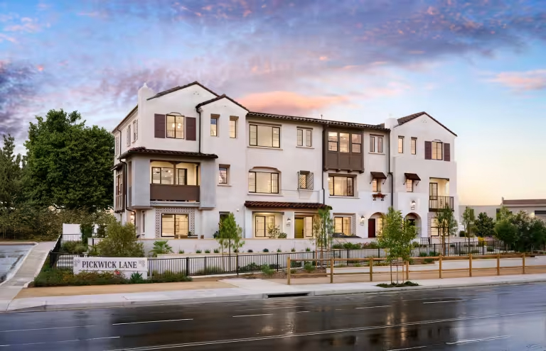 Pulte Homes Pickwick Lane townhomes at dusk, Burbank CA